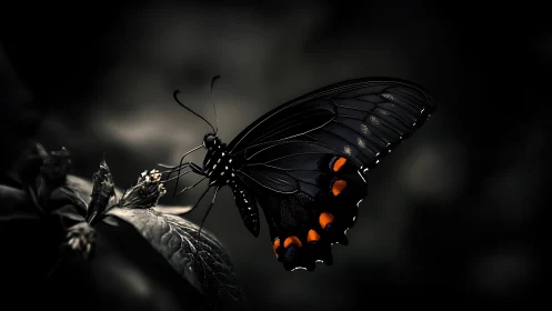 Midnight-winged butterfly resting in quiet moonlit garden.