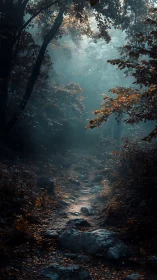 Misty Forest Path Through Autumn Woods