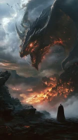 Armored hero confronts colossal fire dragon in stormy inferno