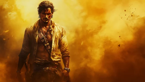 Male figure in desert-toned explosion cloud background.