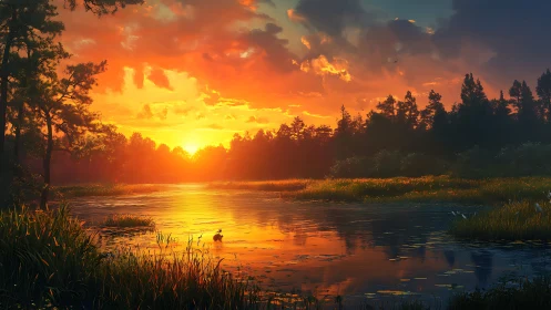 Radiant wetland sunset with reflective lake and silhouetted pines