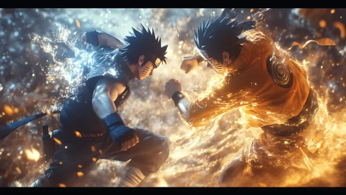 Opposing elemental fighters in midair combat encounter.