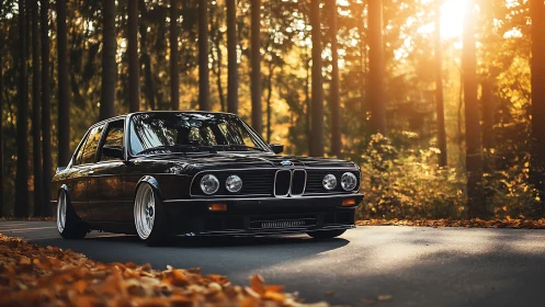 Photorealistic classic sedan on forest road at autumn golden hour.