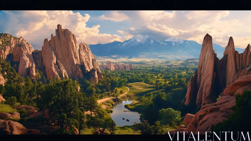 Red sandstone spires flank lush valley and distant peaks.
