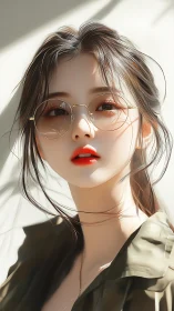 Young woman with glasses in soft directional daylight.