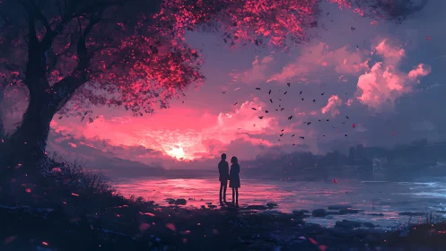 Silhouetted couple observe magenta sunset over reflective lake