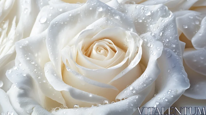 White rose bloom with water droplets on layered petals.