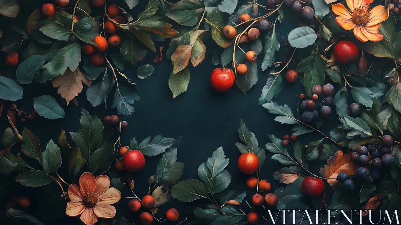 Harvest wreath of berries and blossoms frames a calm center