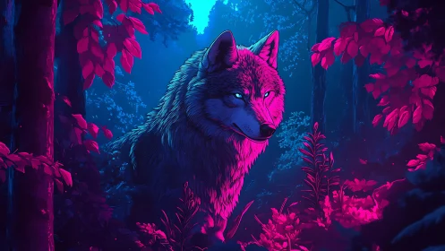 Neon lit wolf standing in glowing blue and pink forest.