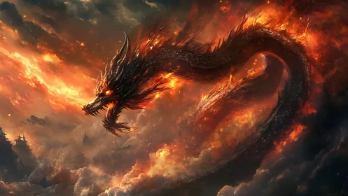 Infernal sky serpent coiling through stormlit fireclouds.