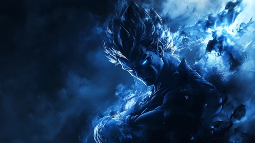 Midnight energy warrior ignites in blazing electric blue storm.