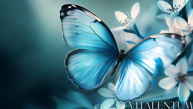 Iridescent blue butterfly rendered in soft-focus digital macro