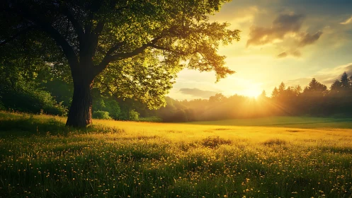 Morning sun drapes a golden meadow beneath the lone tree