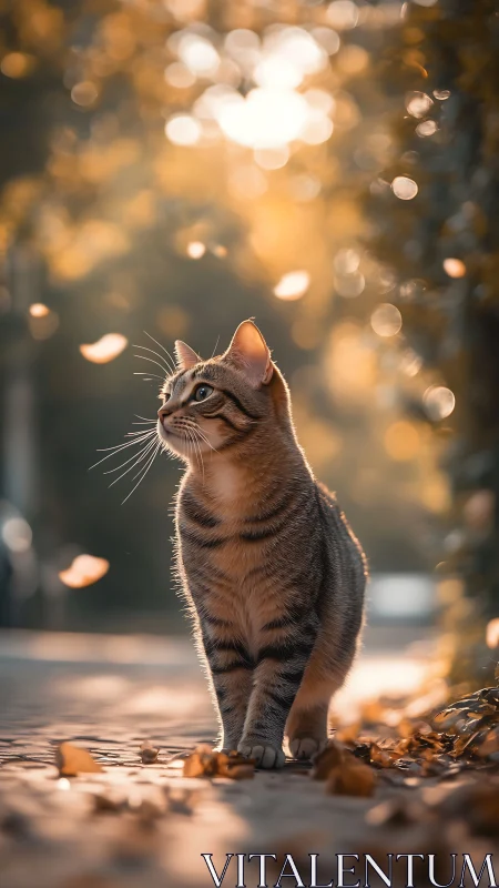 Tabby Cat Gazing Upward Amid Golden Bokeh Lights