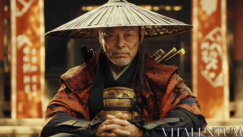 Weathered samurai elder resting in quiet temple courtyard.