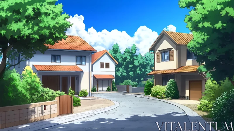 Quiet suburban cul-de-sac basks under bright summer sky.