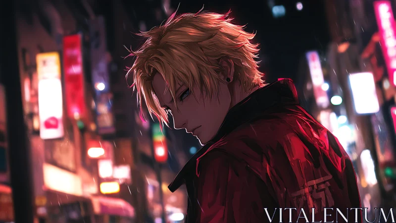 Blond youth in red jacket rendered against neon-lit rainy street