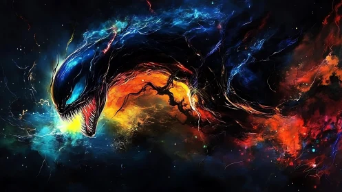 Cosmic void serpent erupts through nebular firestorm.