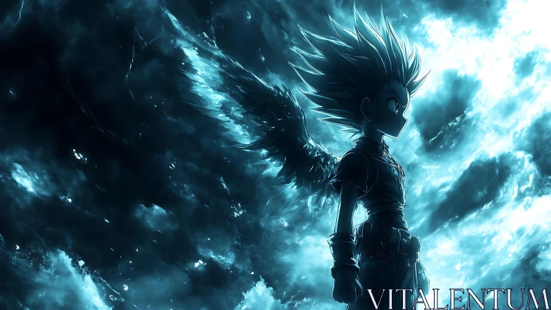 Stormlit winged hero stands boldly in a glowing sky
