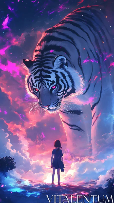 Gigantic spectral tiger confronts silhouetted girl in neon cloudscape