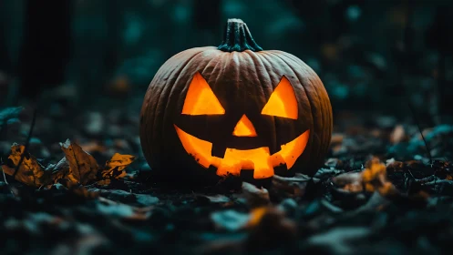 Carved jack o lantern glows on forest floor at dusk.