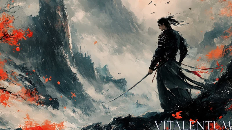 Samurai warrior overlooks storm-lashed mountainscape panorama.