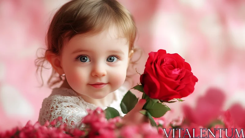 Young child holding red rose with pink floral background.