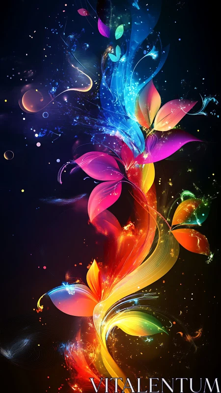 Radiant neon petals twist upward through a cosmic night glow