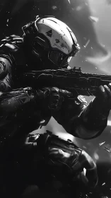 Armored space soldier aims rifle in stark monochrome combat