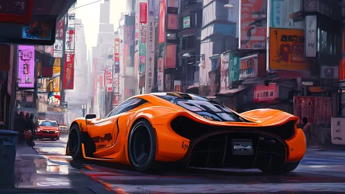Orange hypercar under neon haze in futuristic city street.