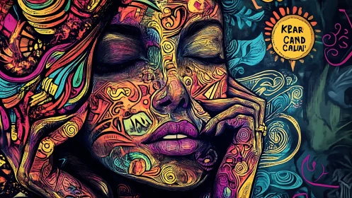 Surreal neon portrait immersed in ornate tribal patterns.