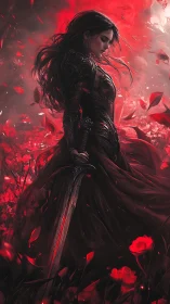 Armored warrior in red poppy field under dynamic petal vortex