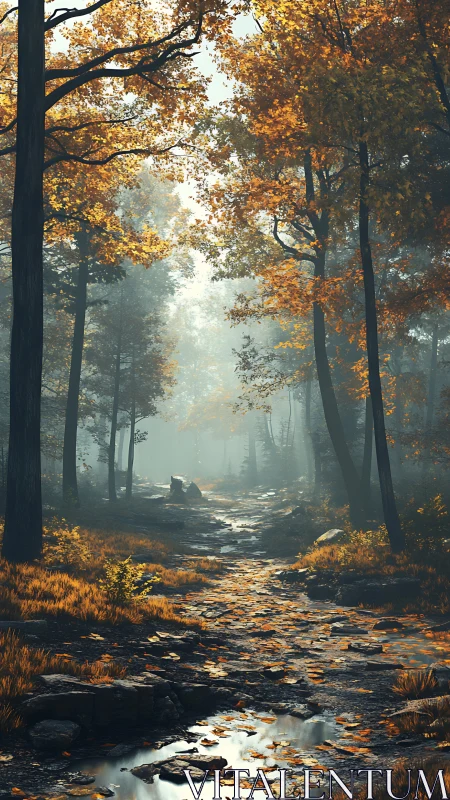 Forest pathway with autumn foliage and morning mist