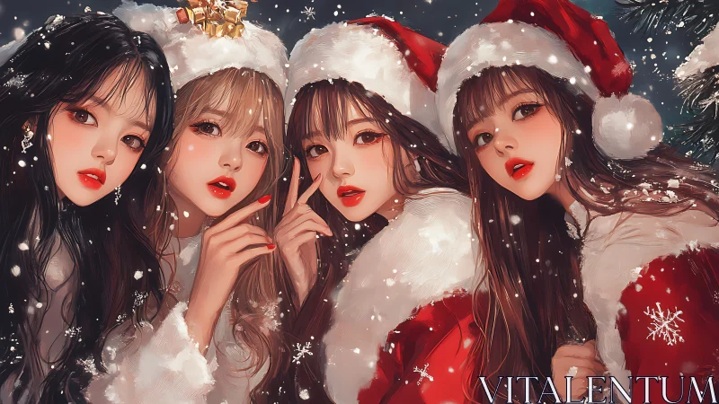Snowlit quartet of festive girls in vivid Santa attire.