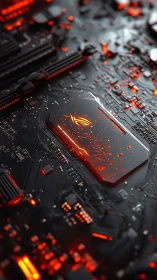 High-contrast motherboard close-up reveals illuminated chipset topology