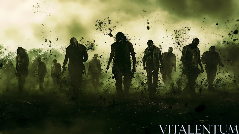 Silhouetted figures advance through particulate filled green mist.