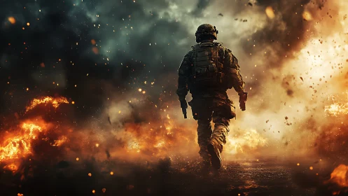 Soldier moving through intense battlefield explosions.