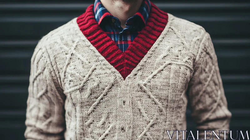 Layered Knitwear Style: Cream Sweater with Red Striped Collar.