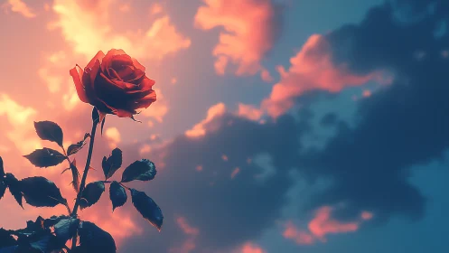 Red rose silhouette against dramatic sunset clouds and sky