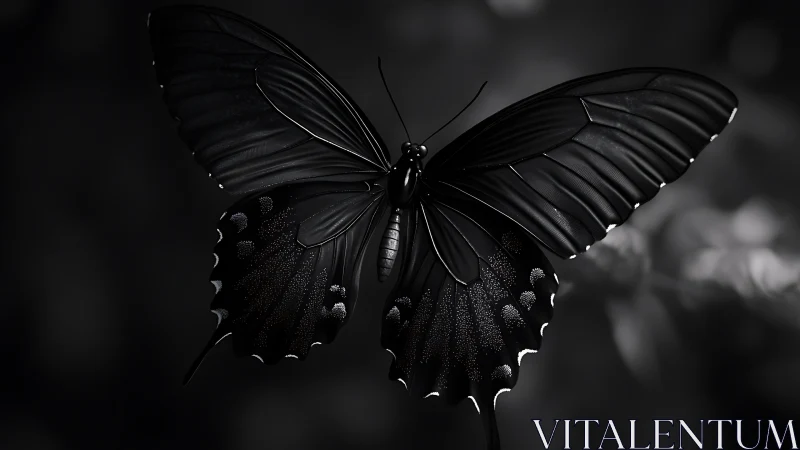 Monochrome macro study of a black butterfly in flight focus.