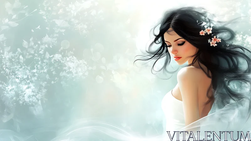 Dreamy portrait shows serene woman amid soft floral mist