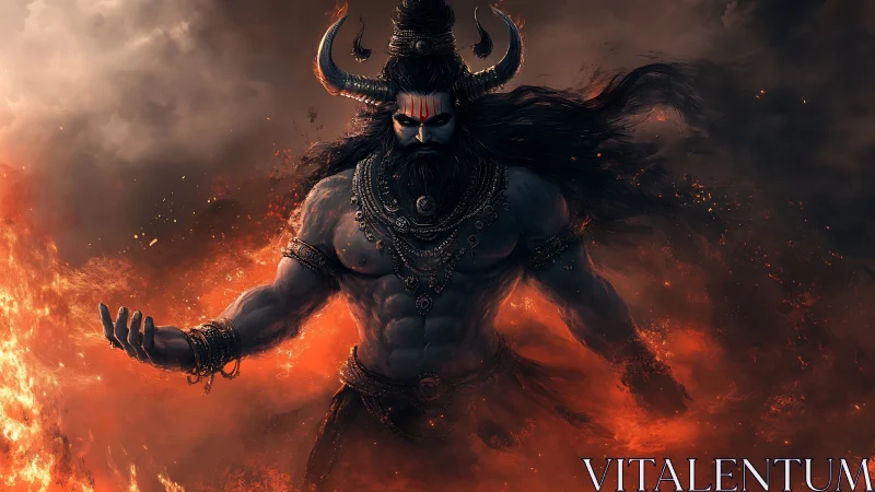 Horned mythic warrior figure stands amid dense fire plume