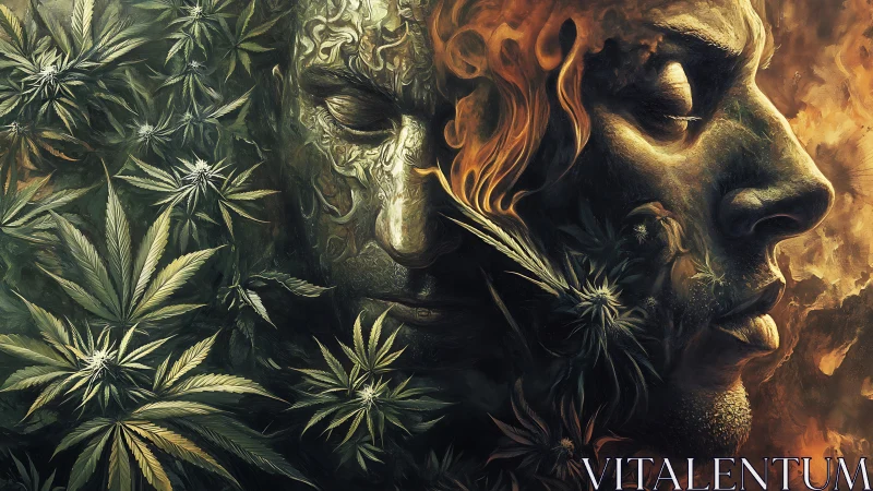 Soulful faces in leaves and flame sharing one quiet breath.