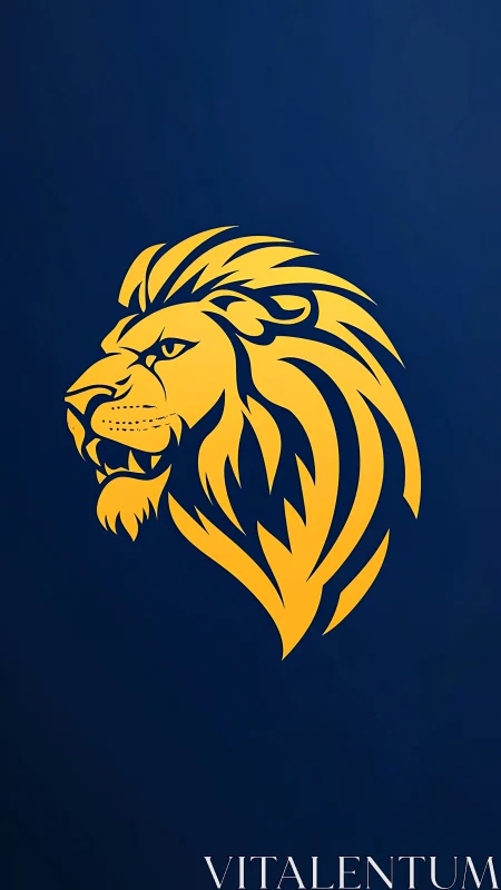 Golden lion head graphic stands bold on deep blue field.