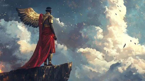 Winged warrior in red cloak overlooking bright sky.