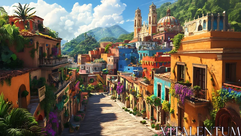 Sunlit hillside ciudad blooms in layered tropical color.