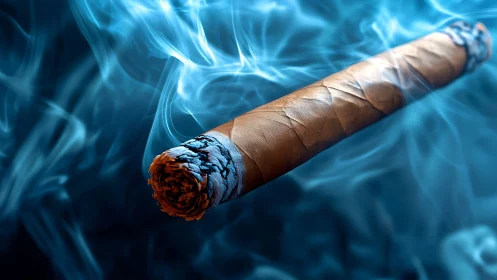 Smoldering cigar suspended in swirling blue smoke atmosphere.
