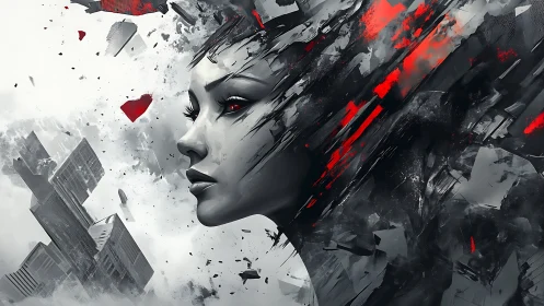 Cybernetic woman dissolving into red and black shards.