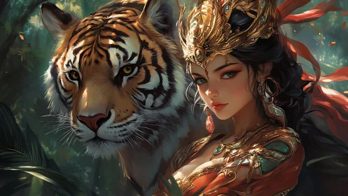 Regal jungle sorceress with tiger companion, jeweled armor