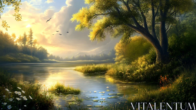 Sunlit forest river bend with overhanging tree and reeds.